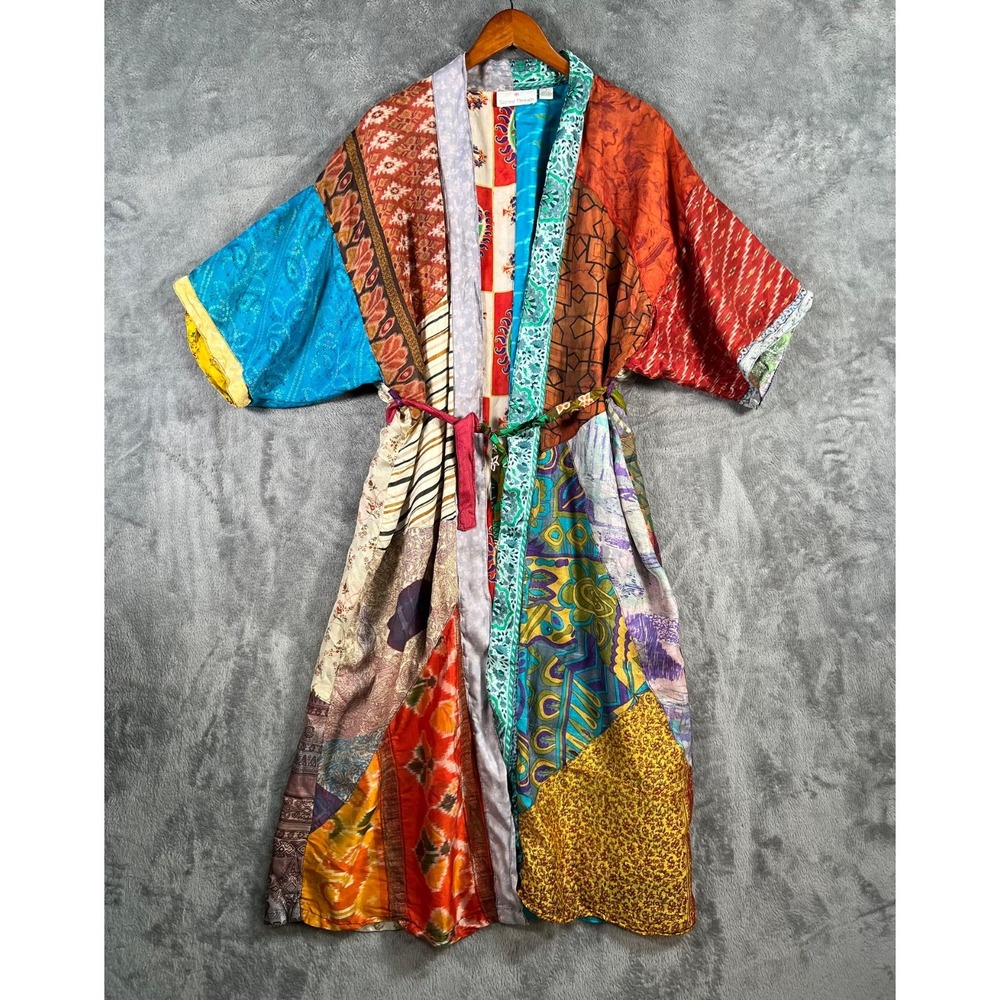 Sacred Threads Silk Patchwork Robe Small Boho Kimono Duster Multicolor Festival